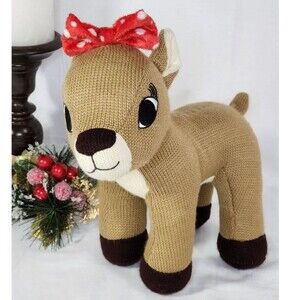 Dan Dee Clarice Reindeer Christmas Plush 11" Knit Stuffed Animal Red White Bow
